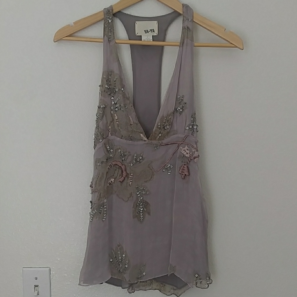 Ya-Ya 100% Silk Chiffon Halter Embroidery Blouse